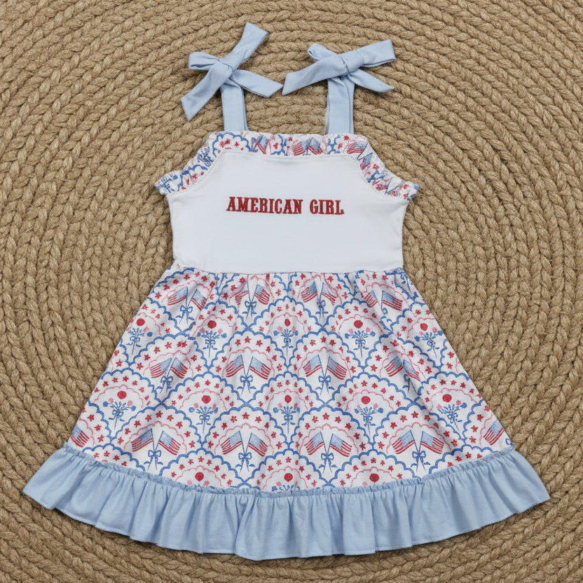 embroidery ruffle strap american girl USA flag bow 4th of july dresses
