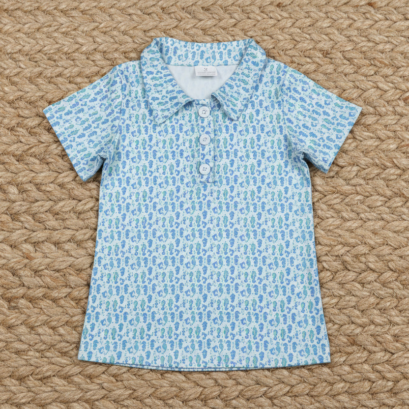seahorse print button polo t-shirt boy clothing