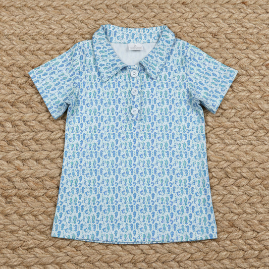 seahorse print button polo t-shirt boy clothing