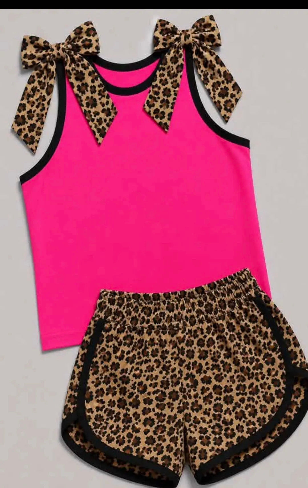 Custom order MOQ 3 Shannon pink and leopard bow tank shorts set