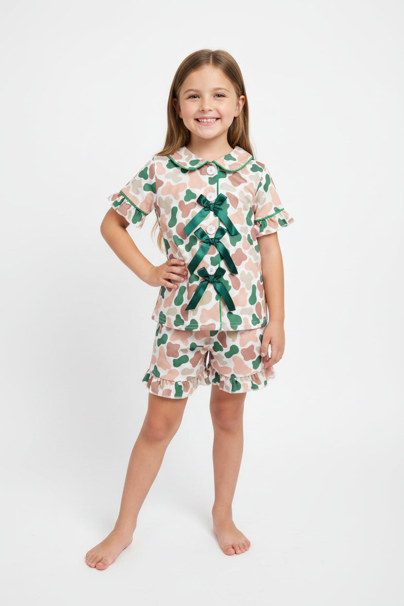 camo bow button down shorts pajama set girls sleepwear