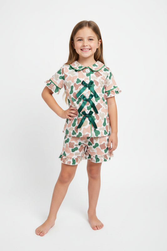 camo bow button down shorts pajama set girls sleepwear