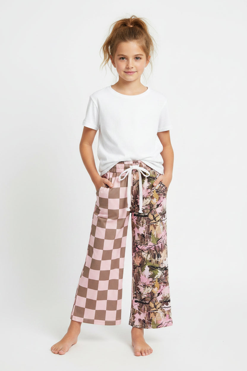 pink checkered camo girls pants wide leg trousers