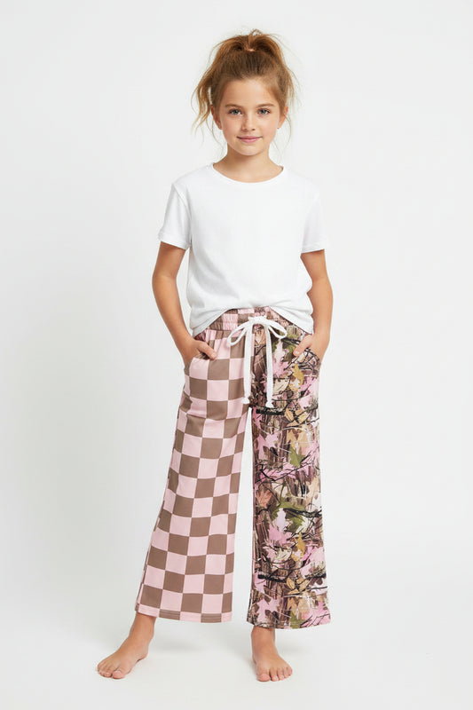 pink checkered camo girls pants wide leg trousers