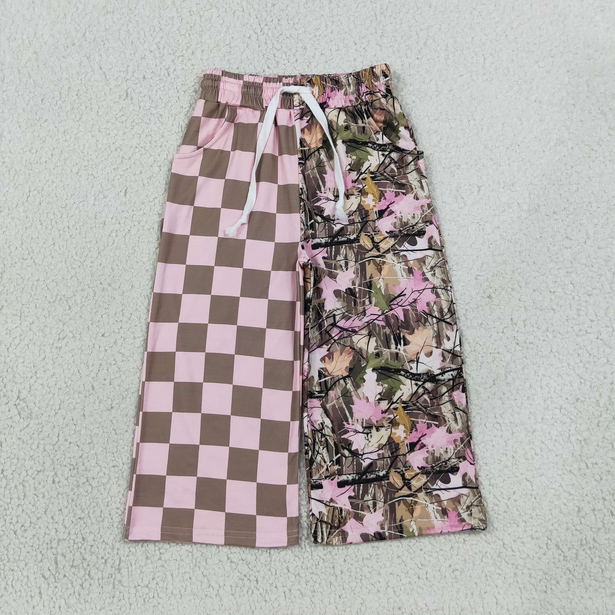 pink checkered camo girls pants wide leg trousers