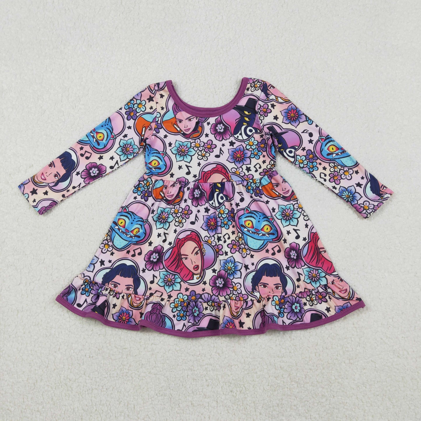 GLD1351 Baby Girls Cartoon Flowers Ruffle Knee Length Dresses  D 1030