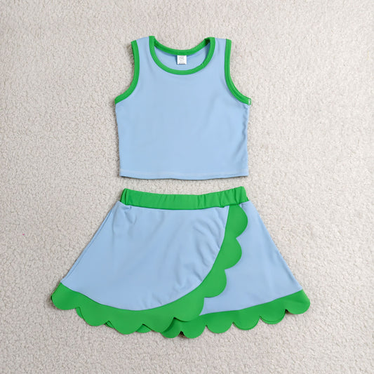 solid green and blue scallop athletic skort outfit girls clothes