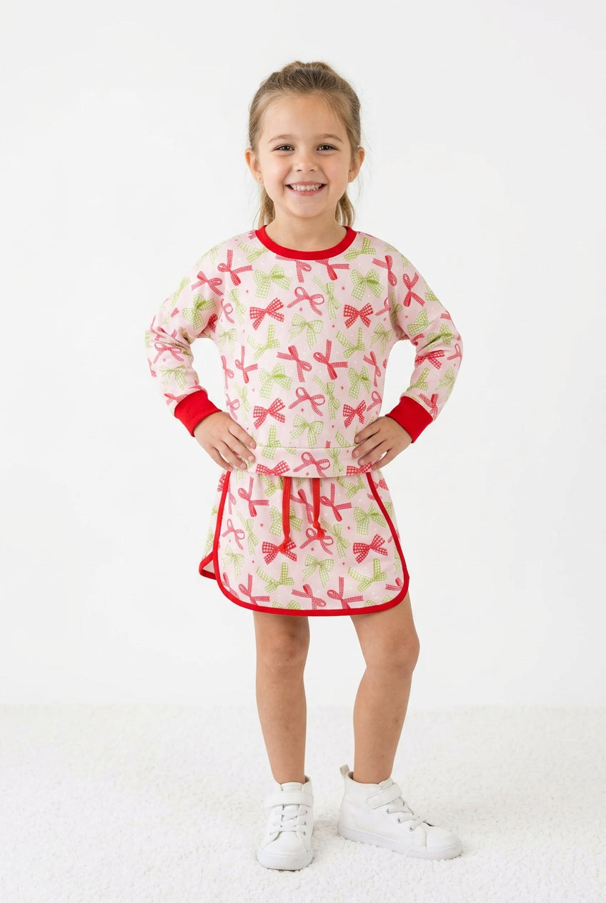 long sleeve green red bow print skort set Christmas girls clothing