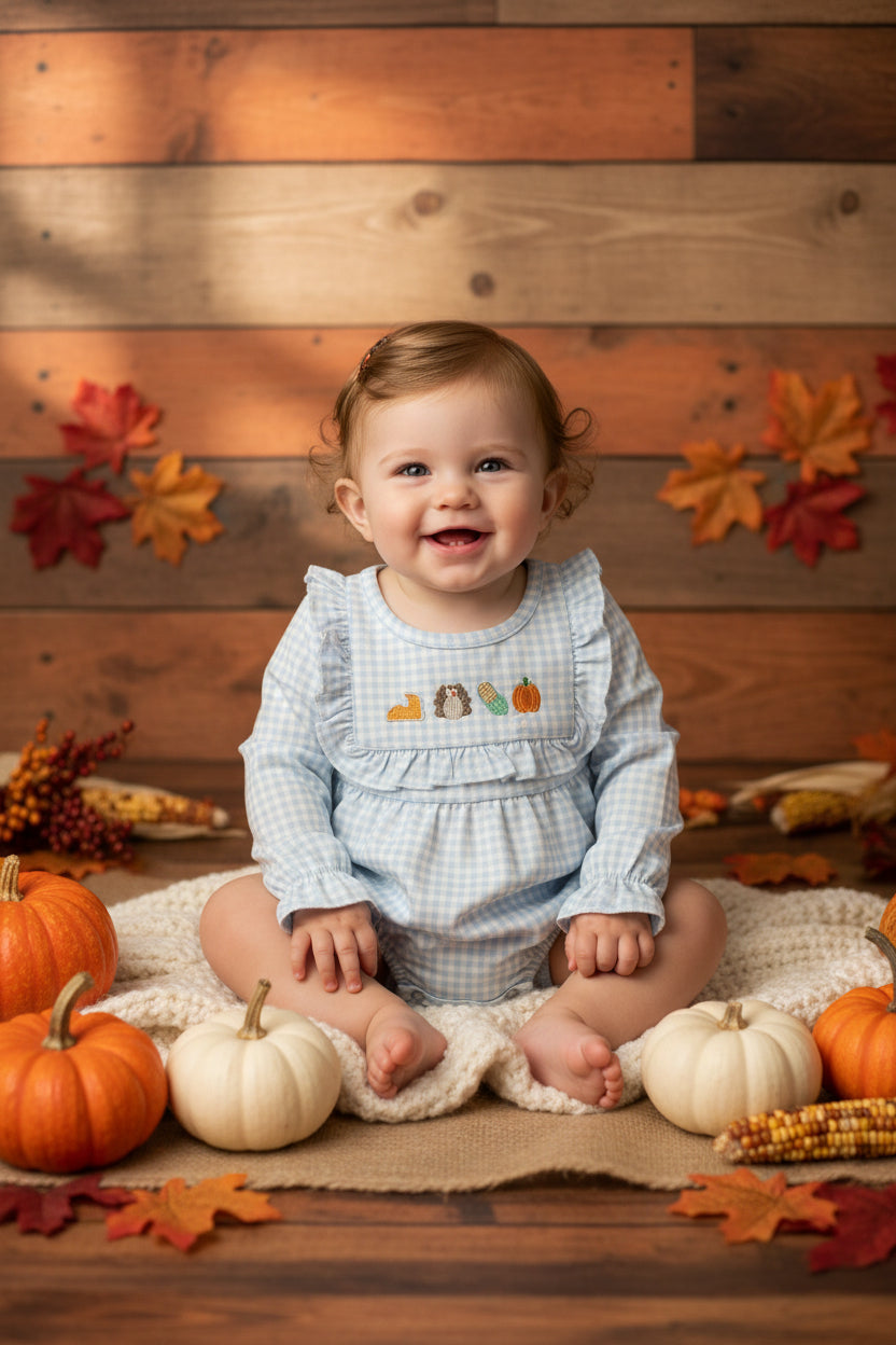 embroidery pie turkey embroidery gingham romper for girl