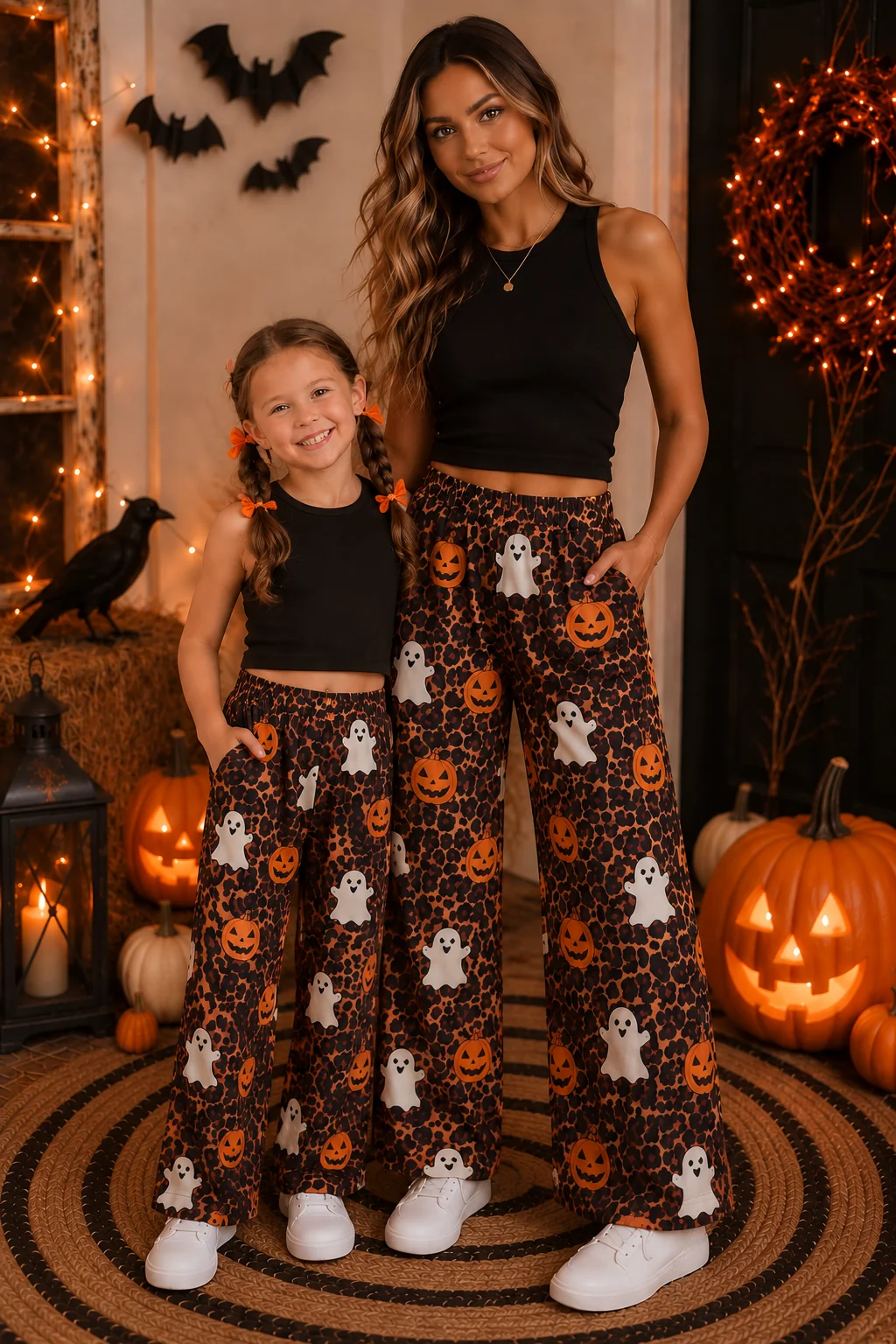 leopard with ghost pumpkin mommy and me wide leg pants