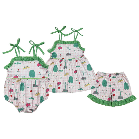 RTS Sibling Baby Girls Strap Pink Checked Flower Golf Tunic Ruffle Shorts Clothes Set Rompers