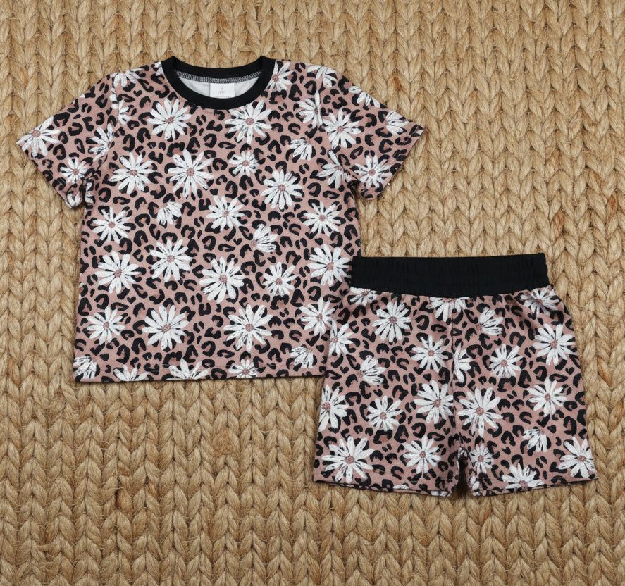 leopard daisy flower shorts set girl summer clothes