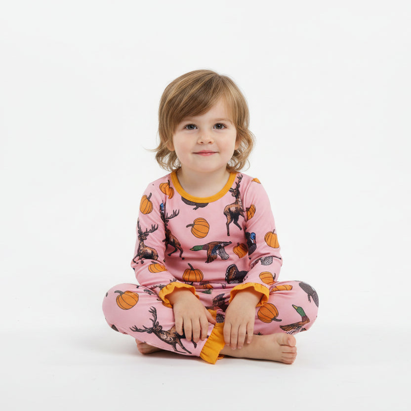 deer duck pumpkin print girl PJ set