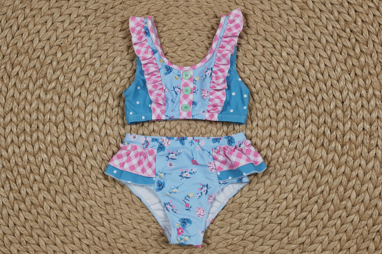 baby girl two pieces blue ruffle floral swimsuit