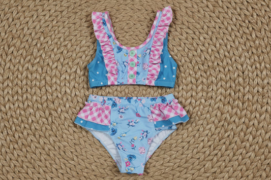 baby girl two pieces blue ruffle floral swimsuit