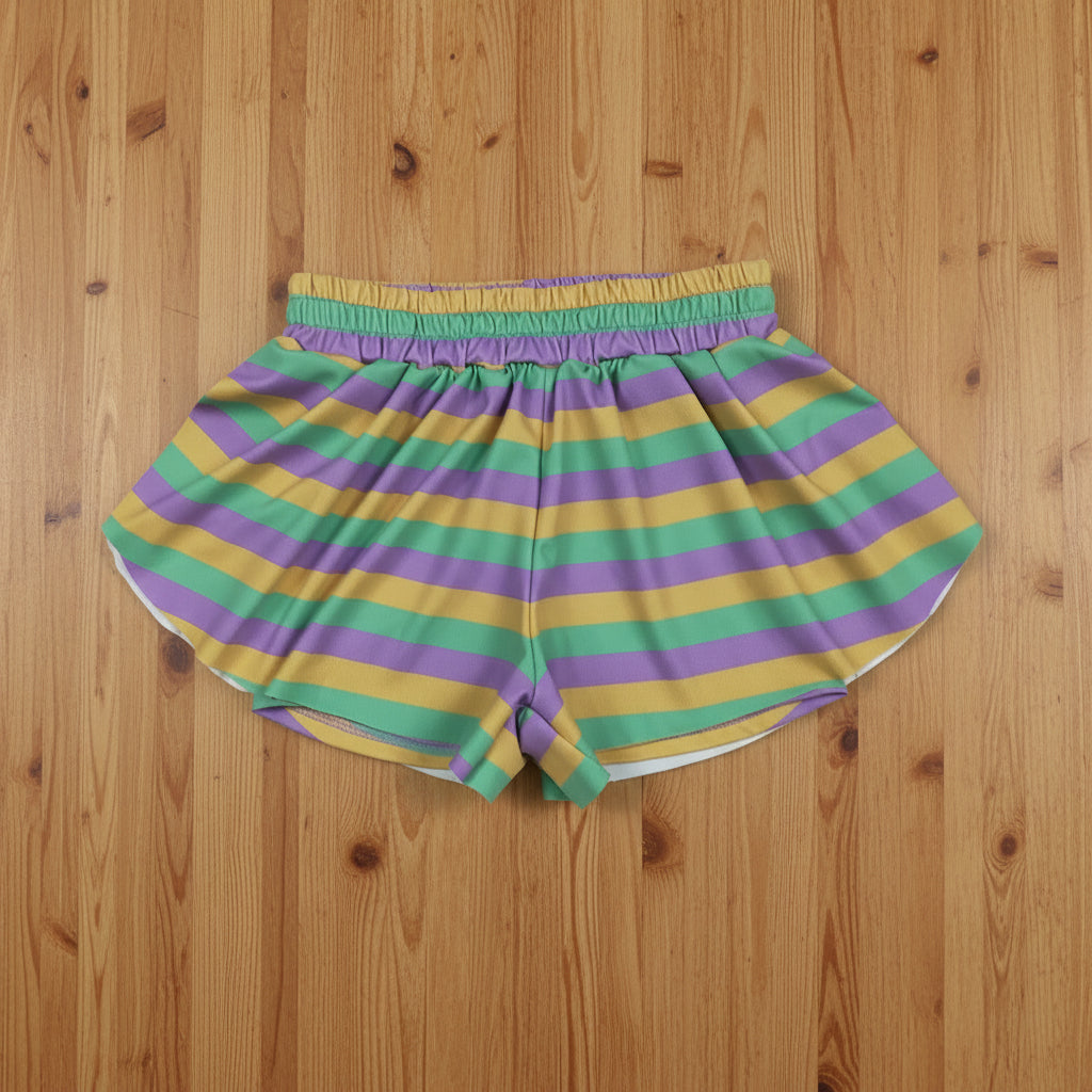 purple green gold stripes athletic shorts
