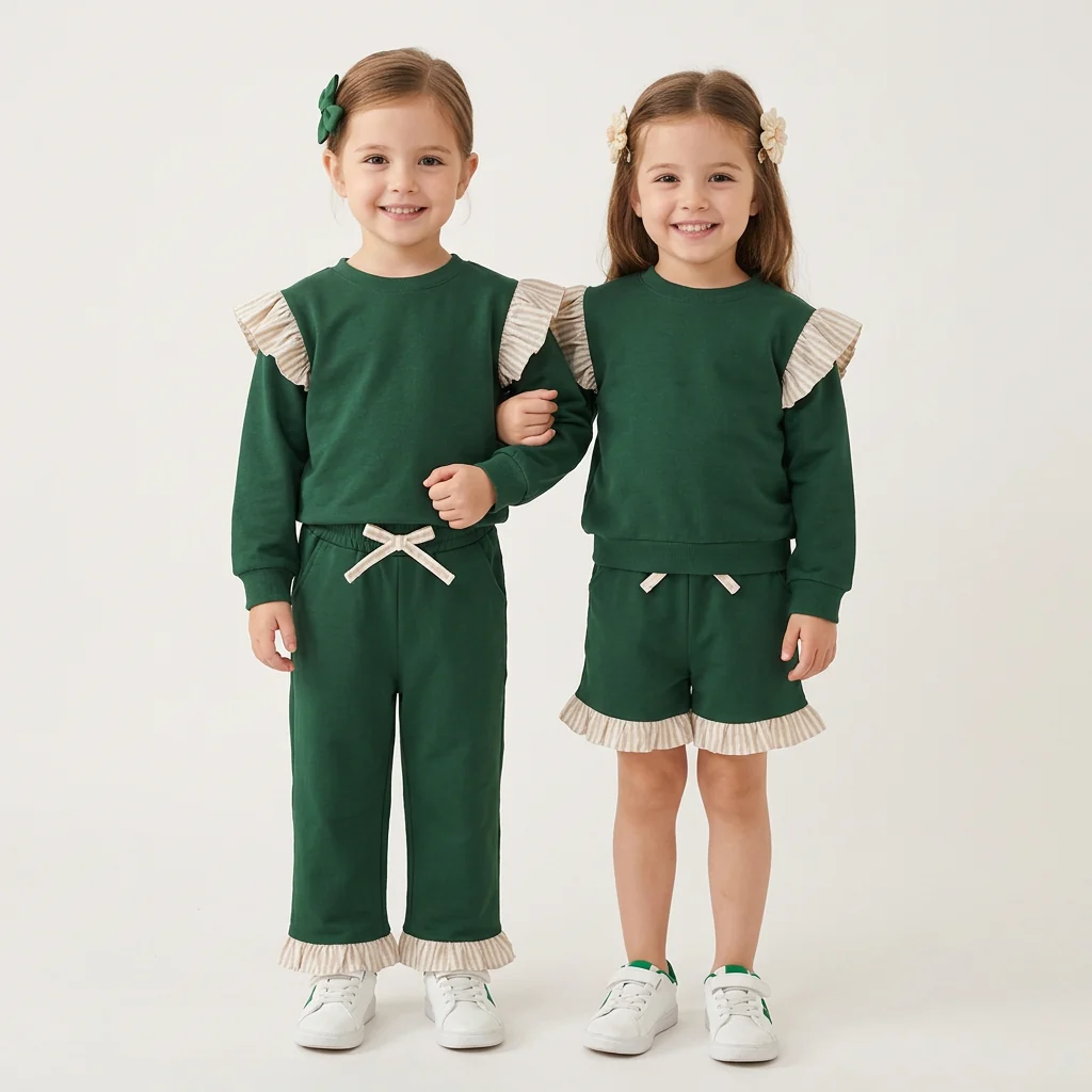 Matching baby girls solid long sleeve ruffle outfits cotton