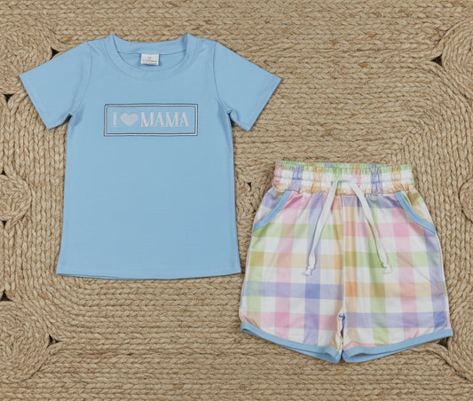 BSSO1605 embroidery I love mama checkered shorts set