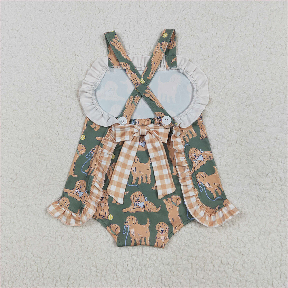 SR2986 Baby Infant Girls Green Strap Dogs Ruffle Rompers  D 5.6