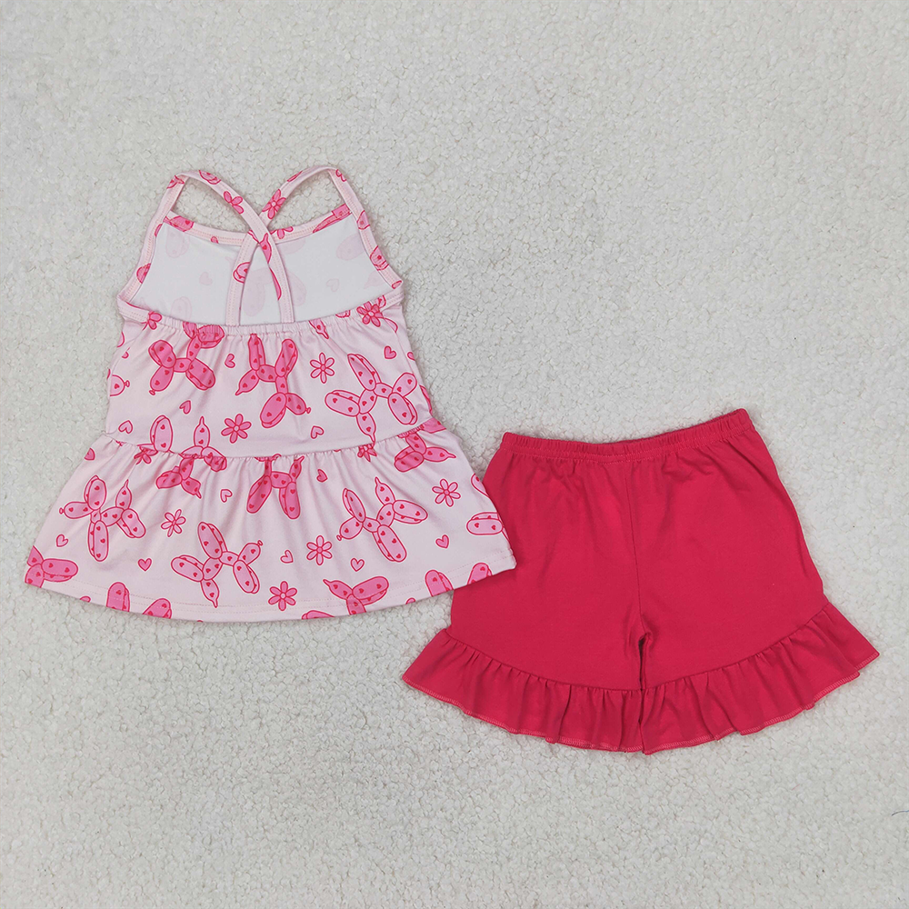 GSSO2439  Baby Girls Pink Strap Flowers Hearts Dogs Top Ruffle Short Set  D 4.1