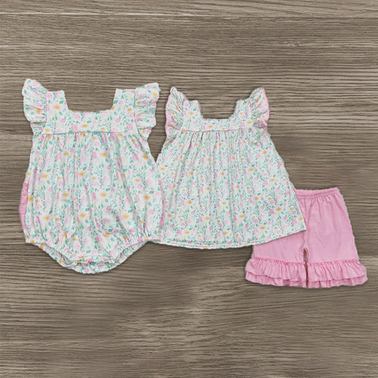 Match Baby Girls Pink Flowers Tops Ruffle Shorts Clothes Sets Romper D 3.13