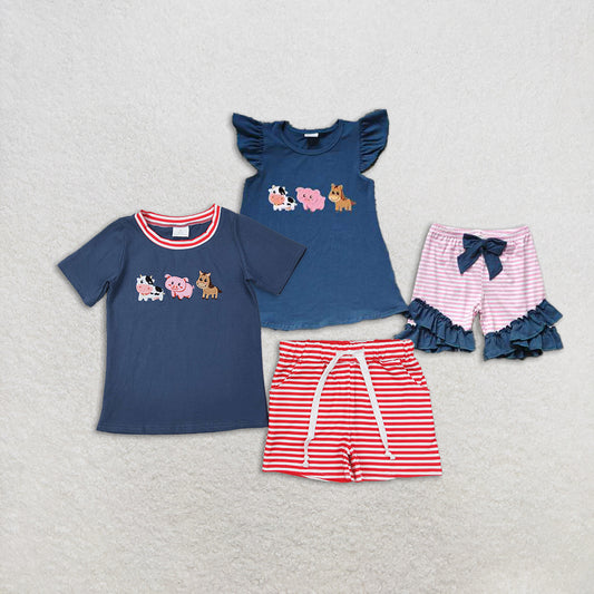Match Baby Boys Girls Blue Farm Animals Shirt Stripes Shorts Clothes Sets D 3.18