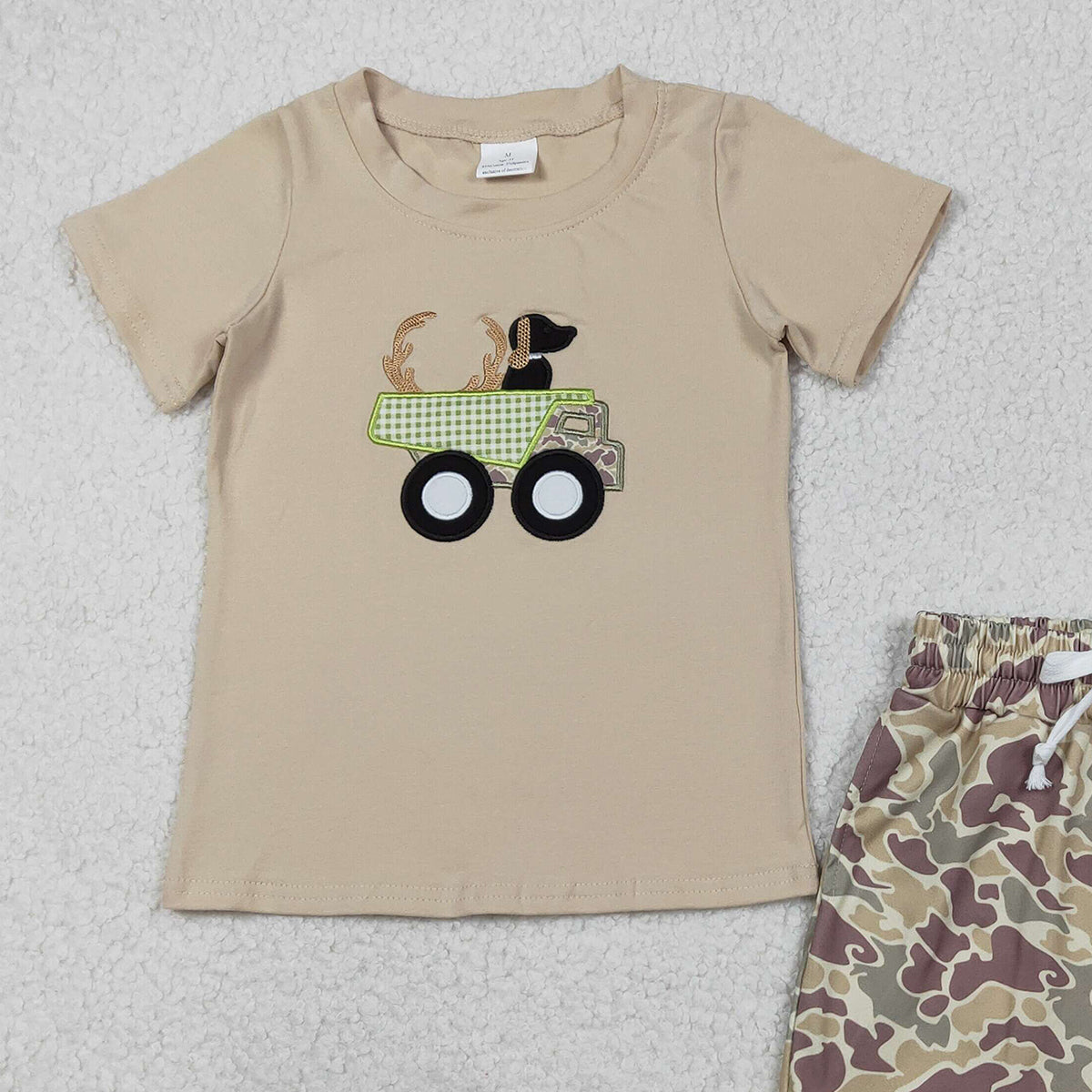 Baby Boys Khaki Embroidery Deer Truck Top with Camo Shorts Hunting Themed Clothing Set for Little Ones