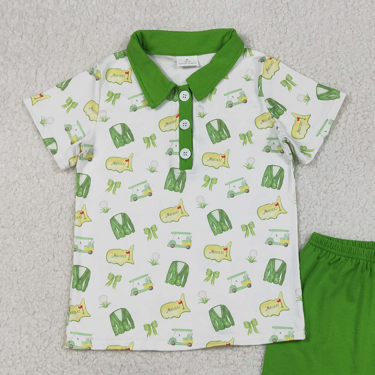 RTS NO MOQ（In Stock) BSSO1697 White short-sleeved suit with green shorts, button-down collar, and golf cart-style design