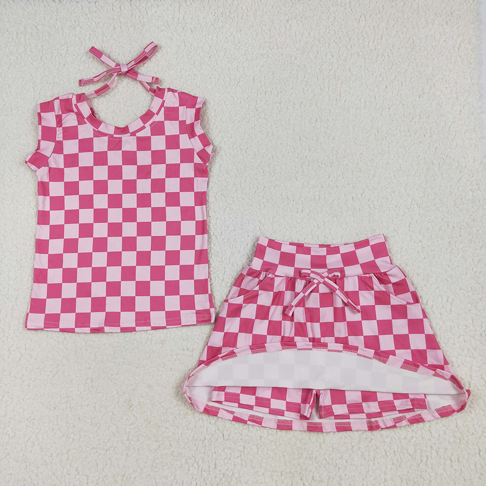 GSD2584 Sleeveless pink plaid bow top skirt kids girls clothing D 6.18