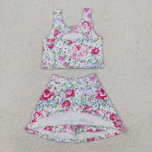 GSD1989 Baby Girls Pink Flowers Athletic Active Wear Top Shorts Skirts Clothes Sets  D 4.1
