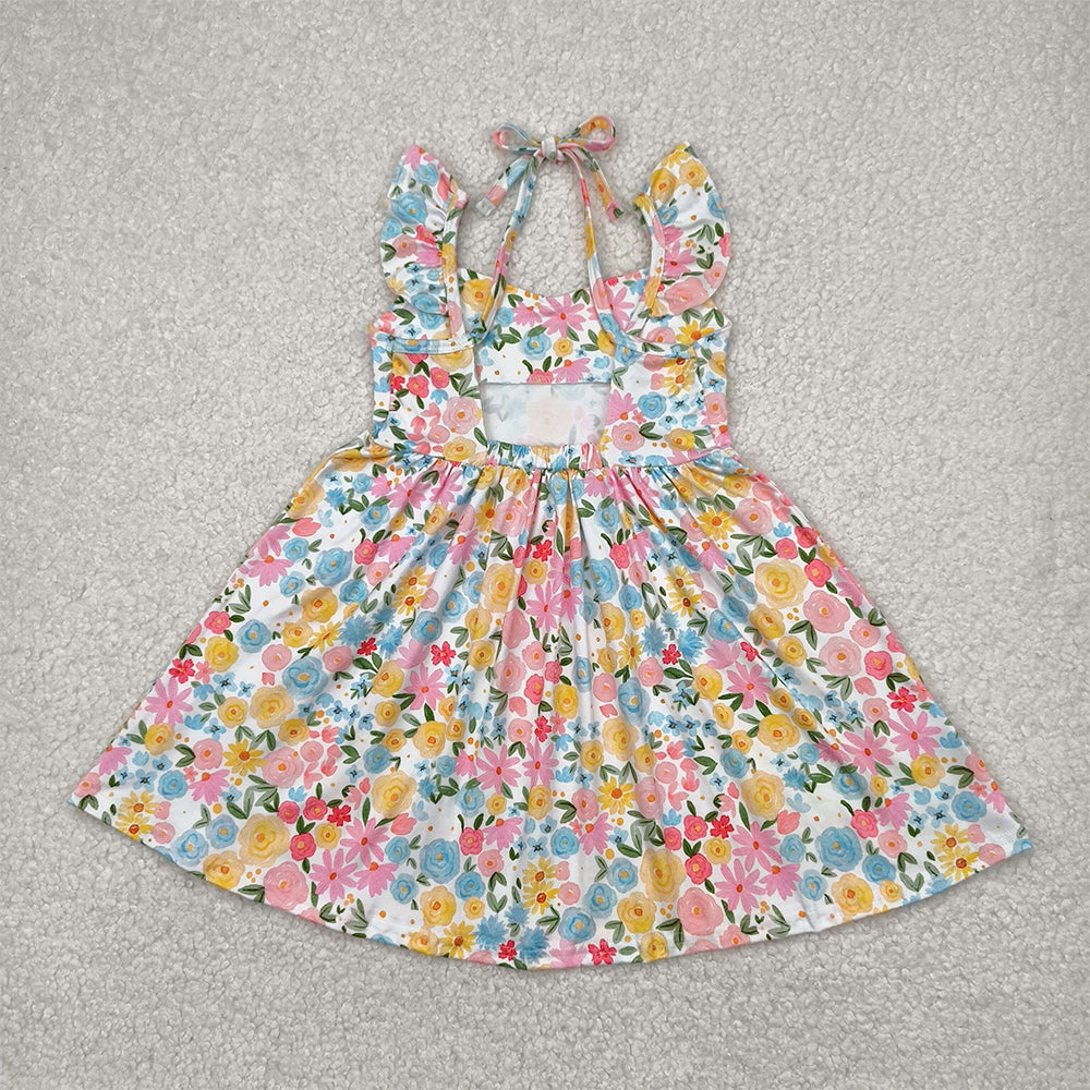GSD2207  Baby Girls Flutter Sleeves Yellow Floral Backless Bow Knee Length Dresses  D 4.14