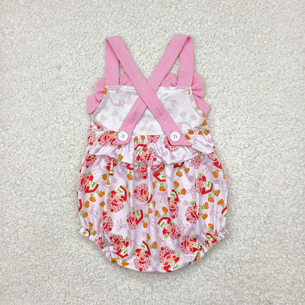 SR2933  Baby Infant Girls Pink Bows Strap Bows Strawberry Ruffle Rompers D 4.16