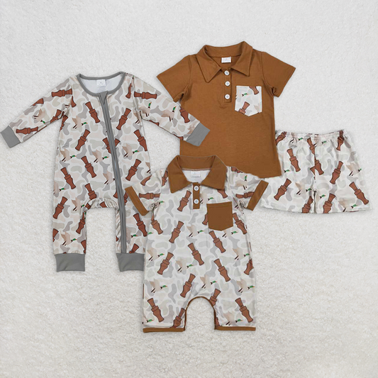 Match Brown Pocket Polo Top Duck Call Camo Shorts Boys Clothes Romper Set D 3.31