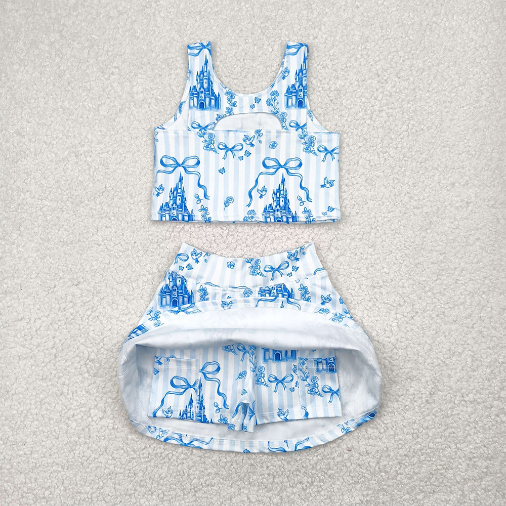 GSD2198 Baby Girls Blue Castles Athletic Active Wear Top Shorts Skirts Outfits