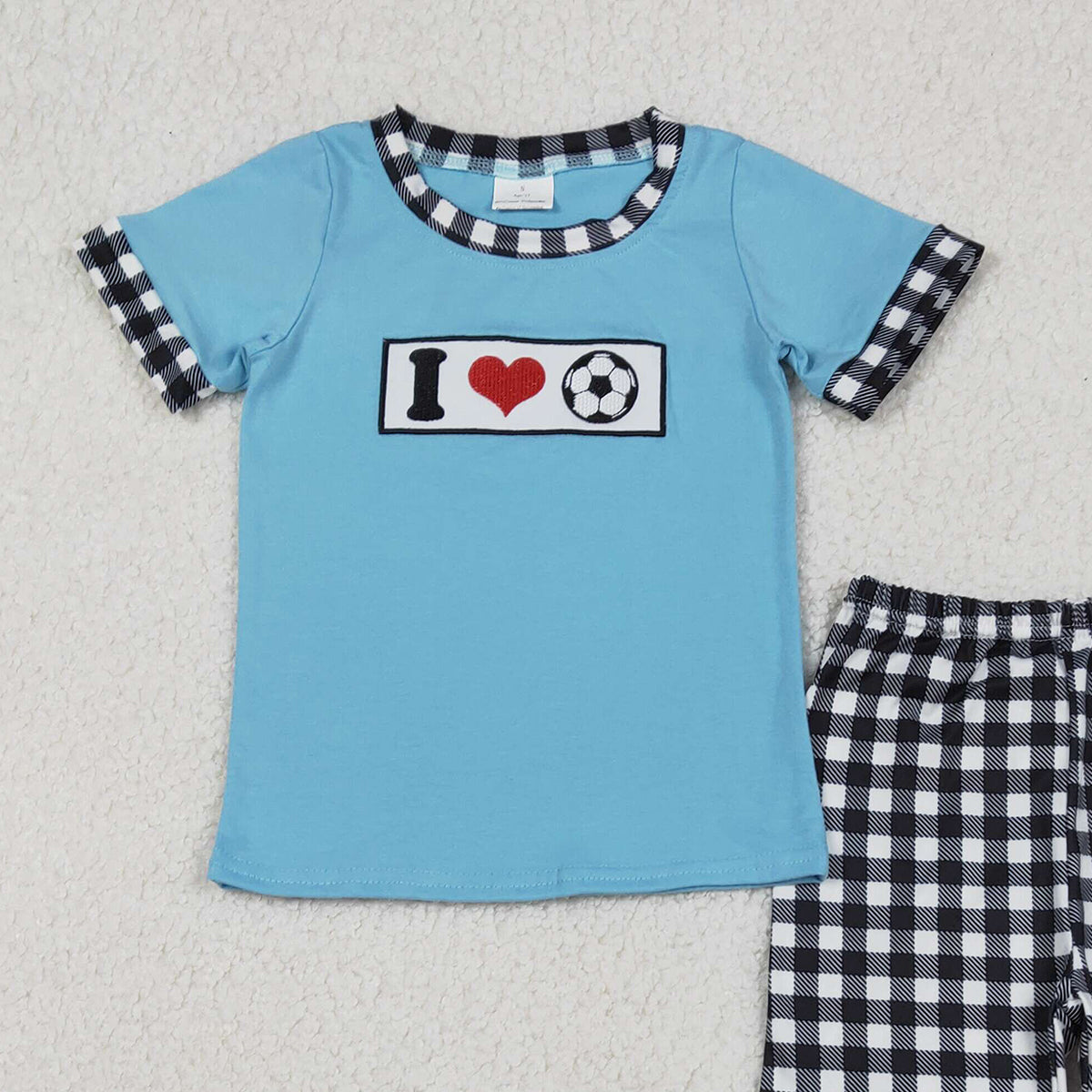 Baby Boys Embroidered 'I Love Footballs' Checked Pants Set Cute Team Sports Theme Clothing for Little Ones