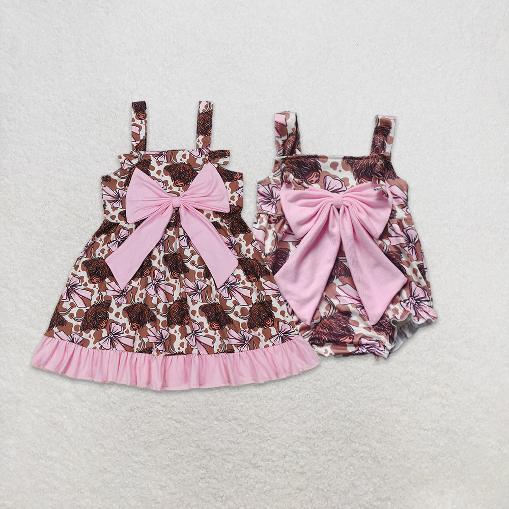 Match Baby Girls Bows Highland Cow Knee Length Dresses Romper D 3.15