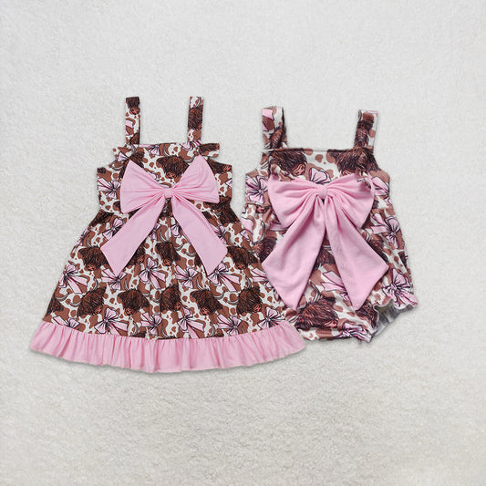 Match Baby Girls Bows Highland Cow Knee Length Dresses Romper D 3.15