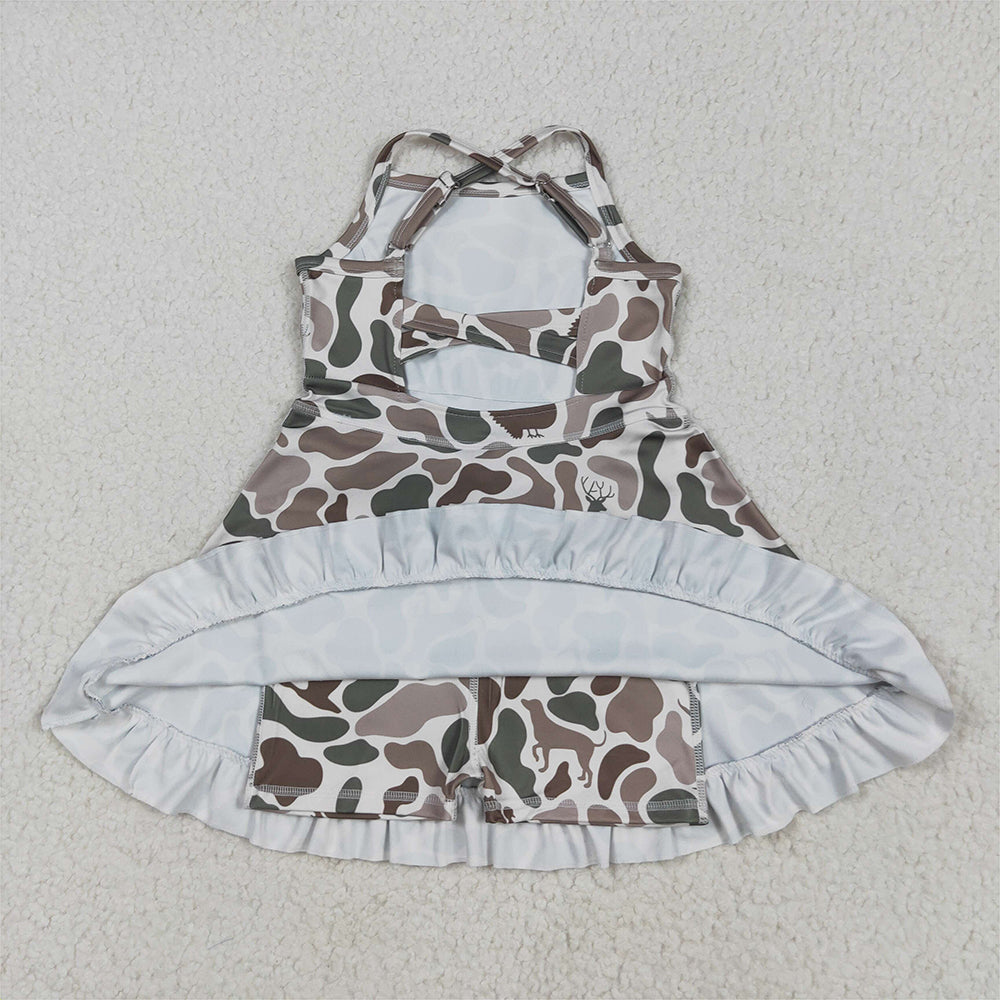GSD2311 Baby Girls Strap Green Deer Dogs Ducks Camo Yoga Ruffle Knee Length Dresses  D 4.3