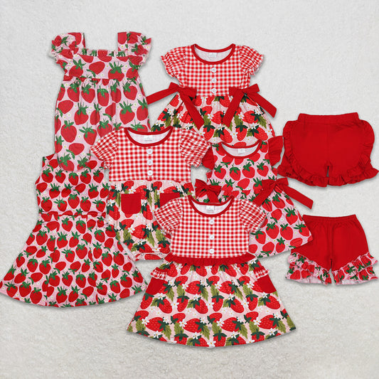 Match Baby Girls Red Checkered Strawberry Bows Tunic Ruffle Shorts Clothes Sets Romper D 3.15