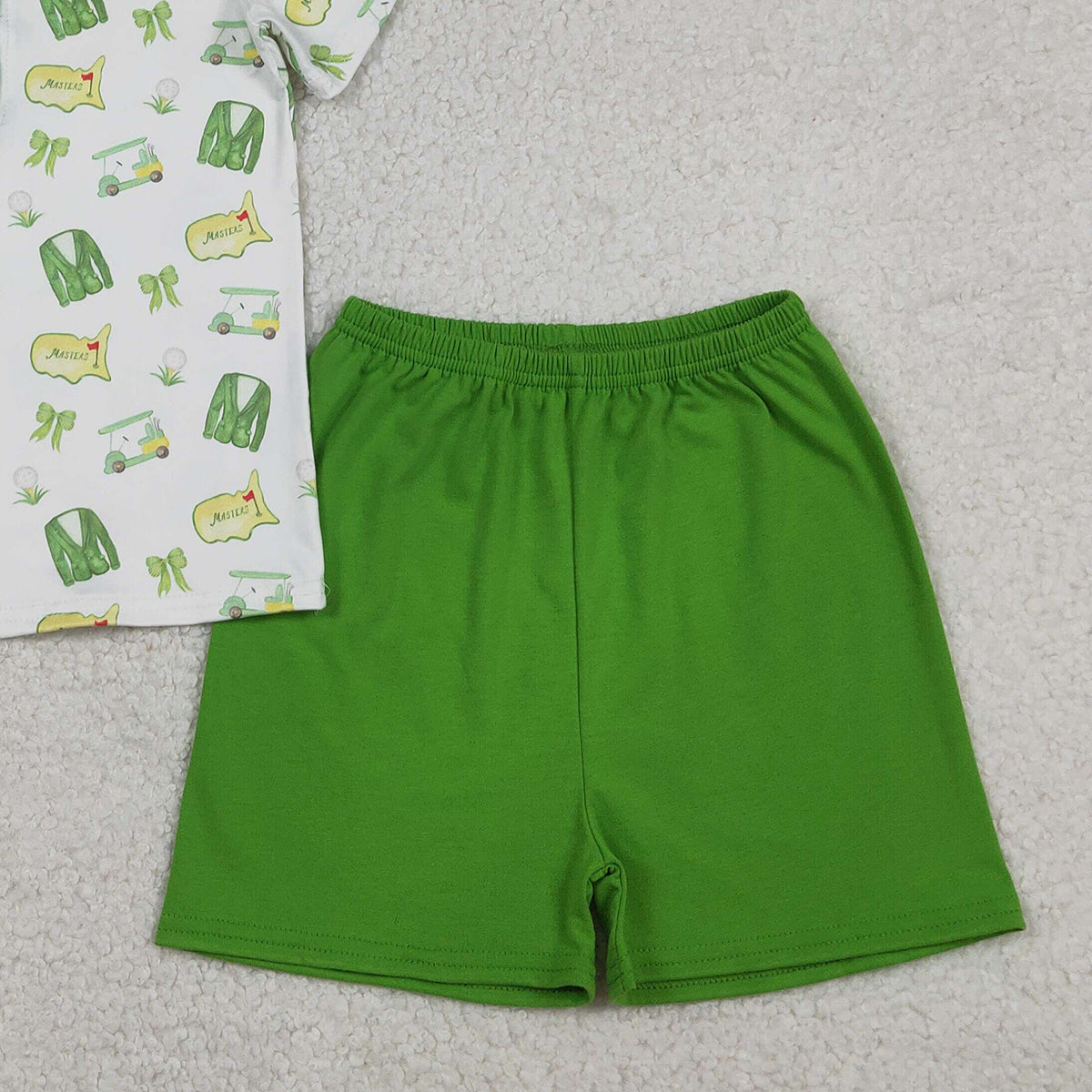 RTS NO MOQ（In Stock) BSSO1697 White short-sleeved suit with green shorts, button-down collar, and golf cart-style design