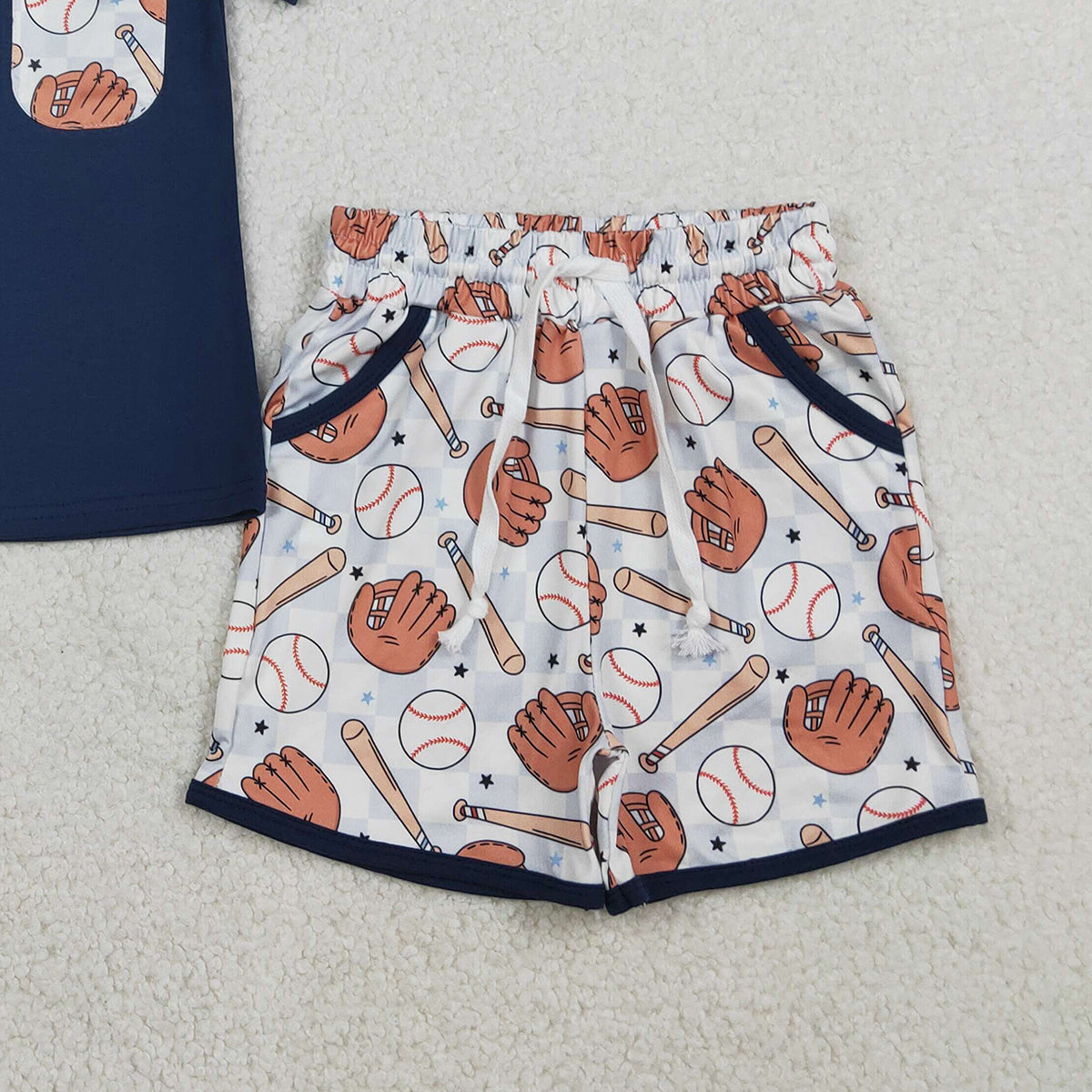 BSSO1669 Baseball Glove Pocket Navy Blue Short-Sleeved Plaid Shorts Set