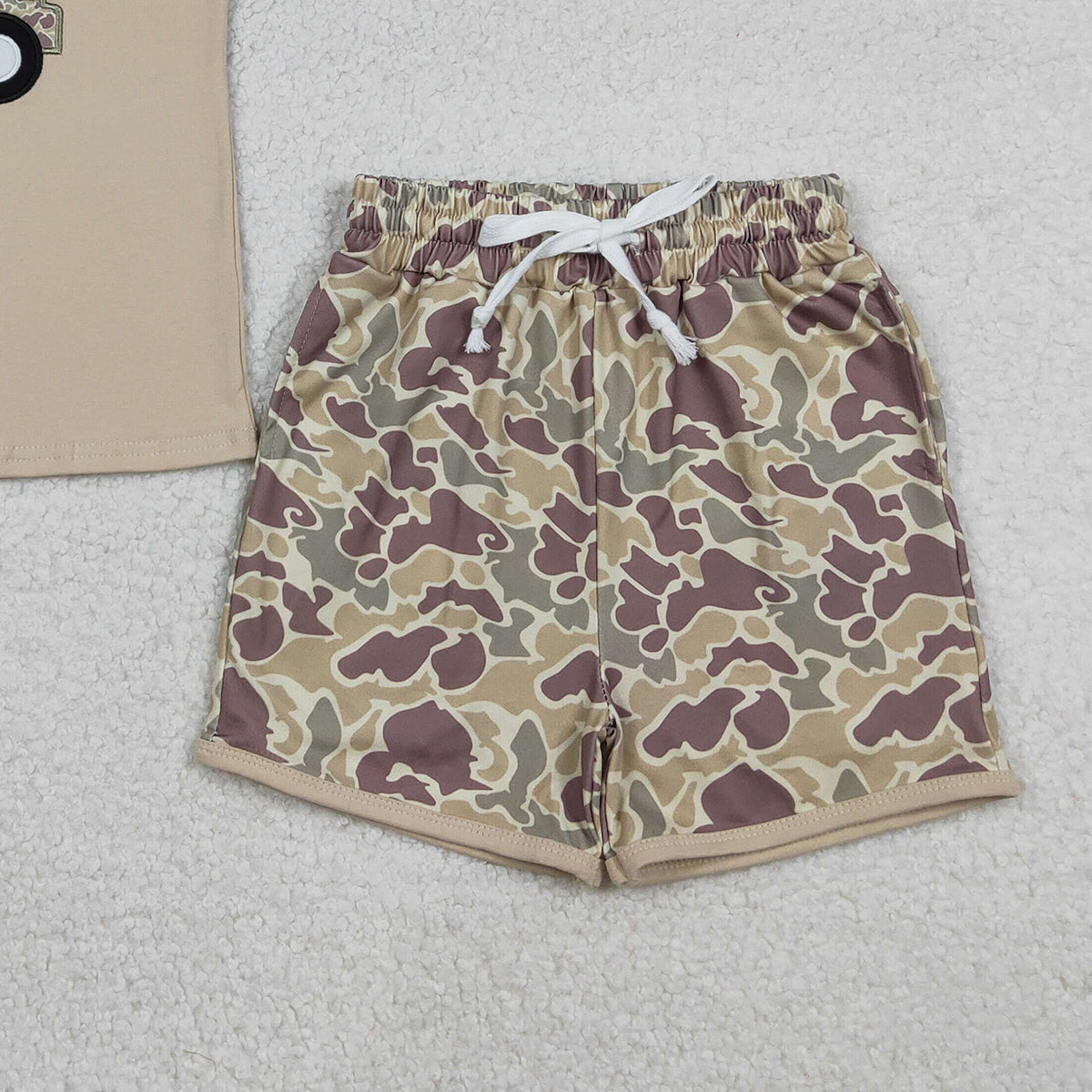 Baby Boys Khaki Embroidery Deer Truck Top with Camo Shorts Hunting Themed Clothing Set for Little Ones