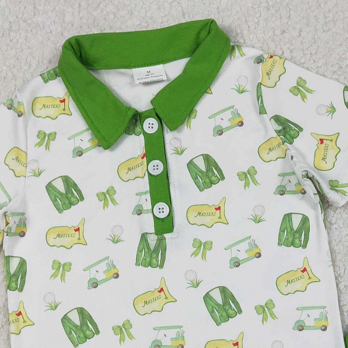 RTS NO MOQ（In Stock) BSSO1697 White short-sleeved suit with green shorts, button-down collar, and golf cart-style design