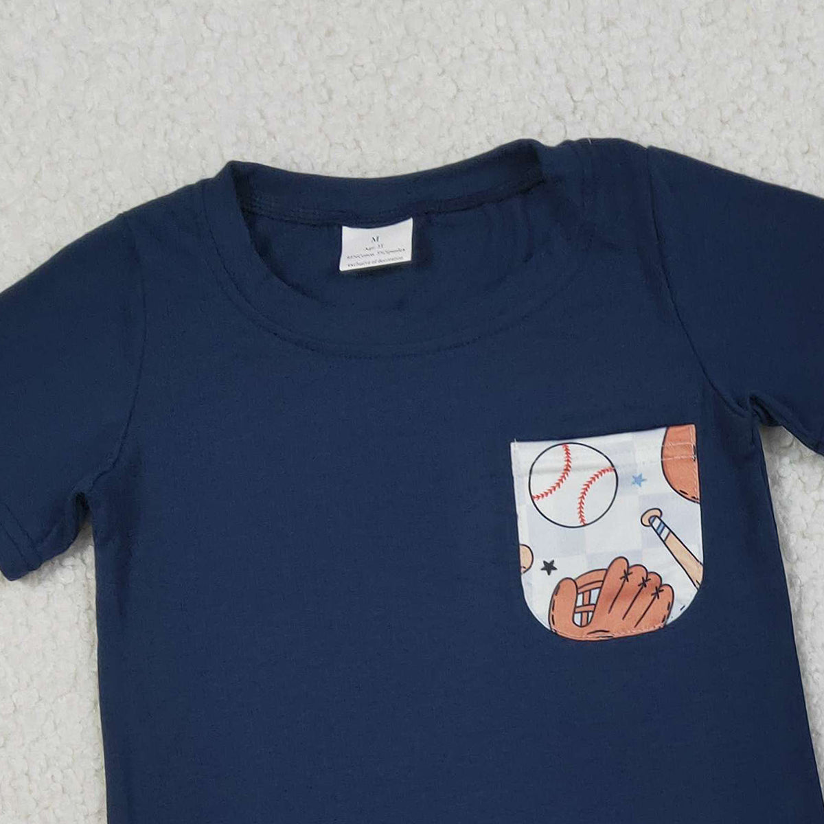 BSSO1669 Baseball Glove Pocket Navy Blue Short-Sleeved Plaid Shorts Set