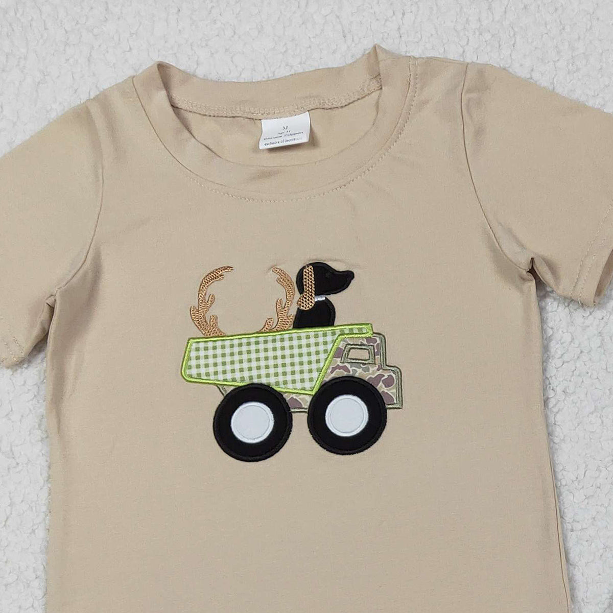 Baby Boys Khaki Embroidery Deer Truck Top with Camo Shorts Hunting Themed Clothing Set for Little Ones
