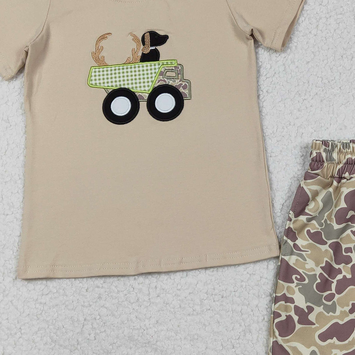 Baby Boys Khaki Embroidery Deer Truck Top with Camo Shorts Hunting Themed Clothing Set for Little Ones