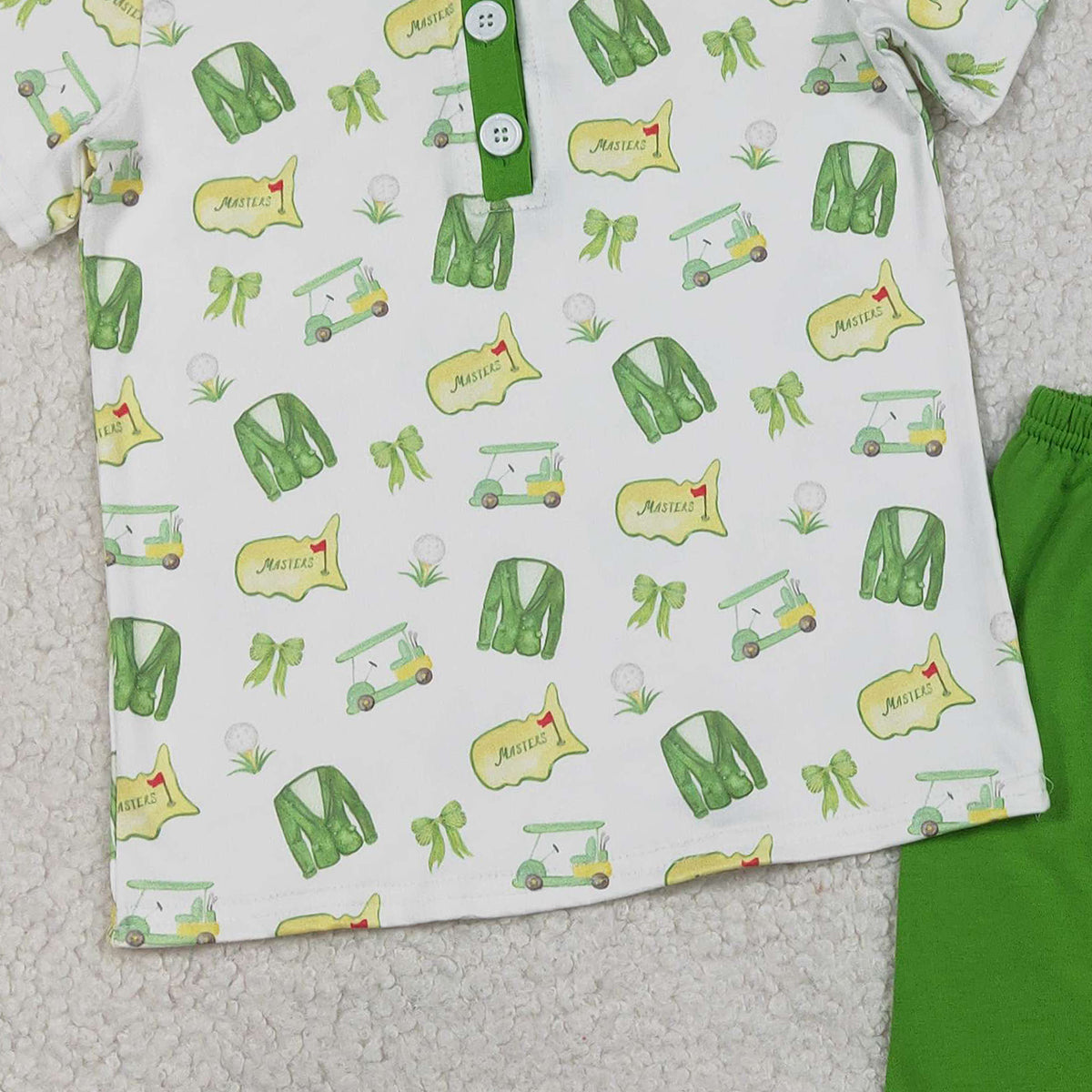 RTS NO MOQ（In Stock) BSSO1697 White short-sleeved suit with green shorts, button-down collar, and golf cart-style design