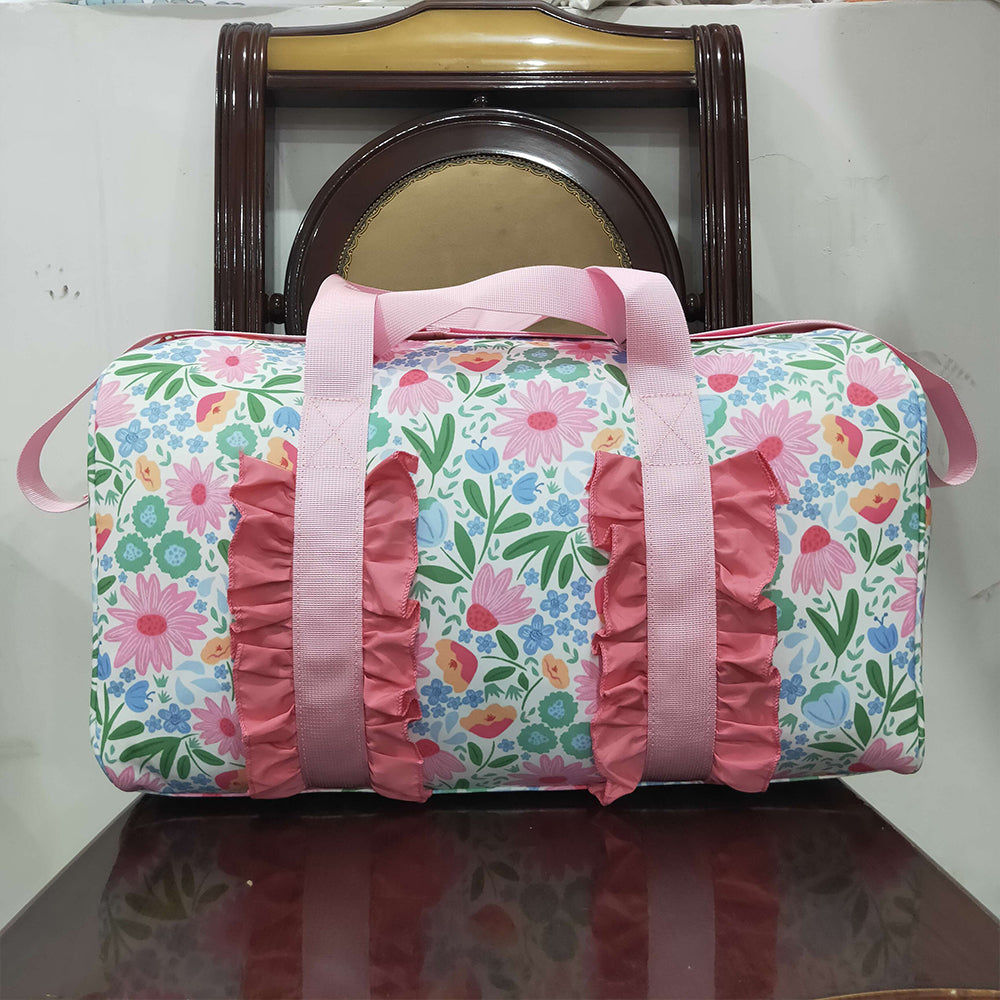 BA0290  Pink Ruffle Floral Print Gym Duffle Bags D 7.5