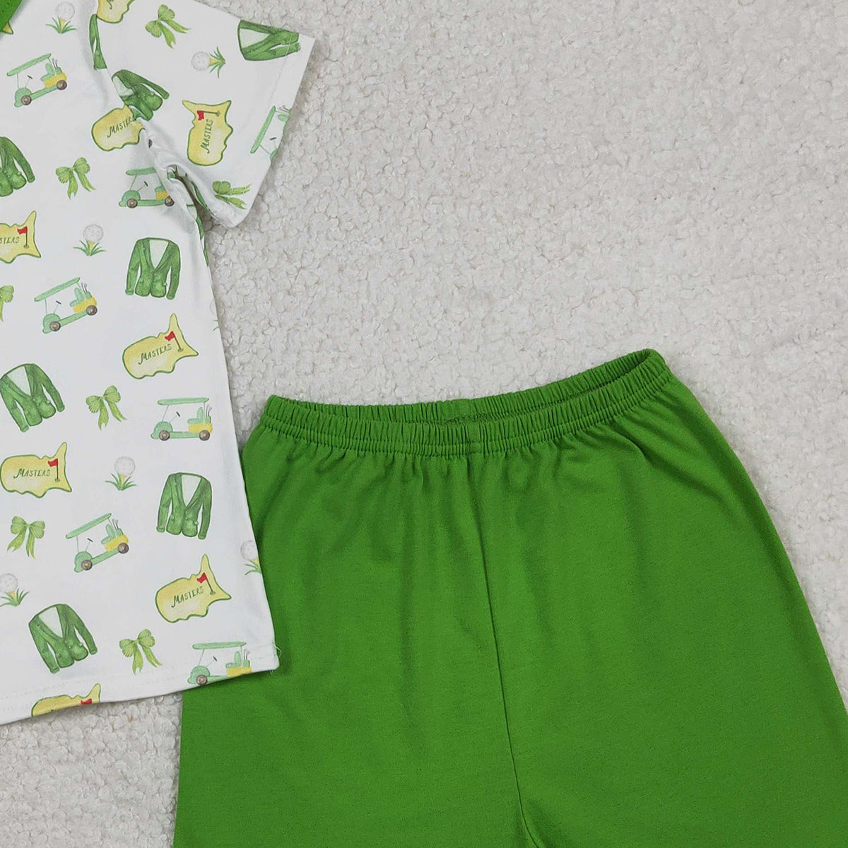 RTS NO MOQ（In Stock) BSSO1697 White short-sleeved suit with green shorts, button-down collar, and golf cart-style design