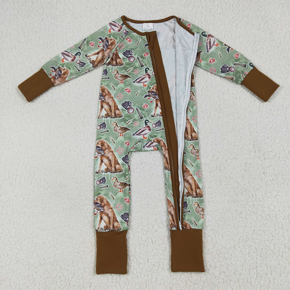 LR2234 Baby Boys Green Long Sleeves Dog Ducks Baseballs Zipper Rompers D 6.17